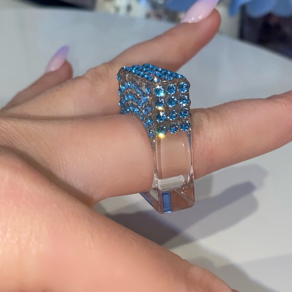 Acrylic Ring • Geometric Ring • Blue Swarovski Crystals • One Of A Kind Ring - Picture 9 of 13